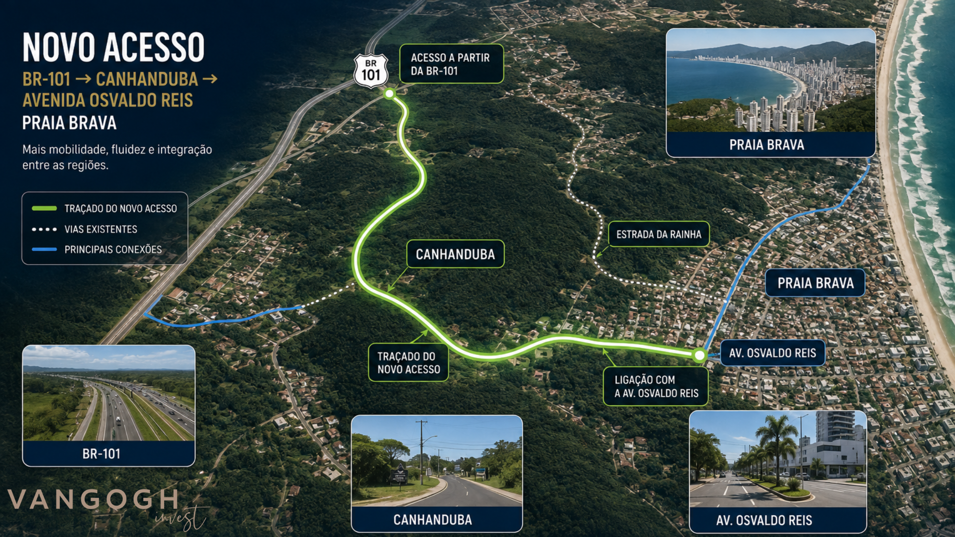 Traçado do novo acesso viário entre a BR-101 e a Praia Brava, Itajaí